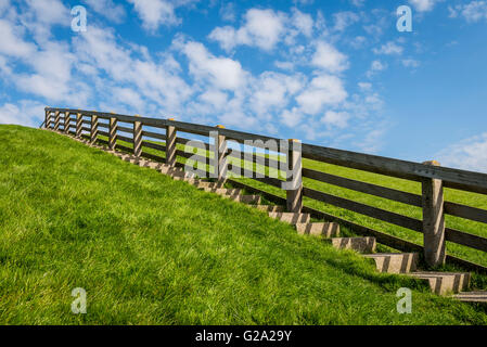 Treppen auf dem grünen Rasen-Deich in Friesland im Sommer in den Niederlanden. Stockfoto