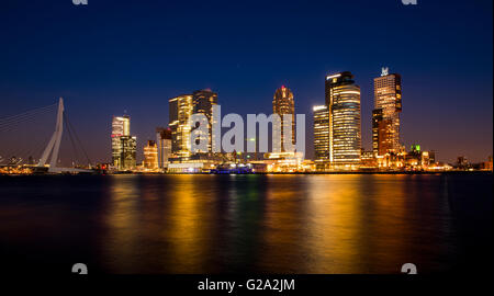 Wilhelminapier in Rotterdam gesehen von der Westerkade mit Nieuwe Maas und Erasmusbrücke. Stockfoto