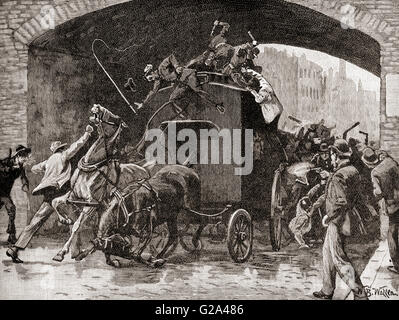 Die Manchester-Ausschreitungen, 1867.  Mitglieder der Fenians, der Irish Republican Brotherhood Angriff auf einen Pferdewagen Polizeiwagen in Manchester, England Transport von beiden verhafteten Führer ihrer Bruderschaft.  Dies führte zur Verhaftung und anschließende Ausführung der drei von ihnen wegen des Mordes an einem Polizisten Reisen innerhalb der van. Stockfoto