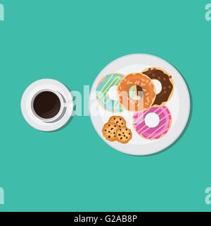 schwarzer Kaffee, Donuts und Cookies, das Frühstück sehr lecker auf Teller und Becher Vektor-illustration Stock Vektor