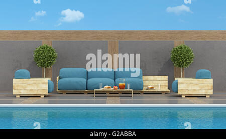 Moderner Pool mit Palette Sofa und Sessel - 3d rendering Stockfoto