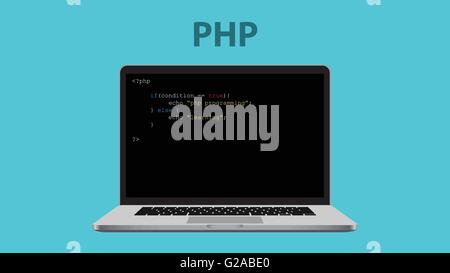 PHP Programmiersprache mit Laptop und Code auf den Computer Vektor-Grafik illustration Stock Vektor