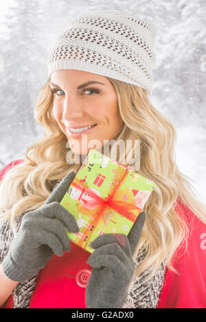 Porträt der jungen Frau hält Weihnachtsgeschenk Stockfoto