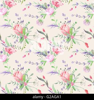 Pastell farbigen Musterdesign mit Wild Blumensträuße und Blätter für shabby chic-Design auf Beige Hintergrund Stockfoto
