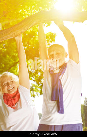 Zwei glückliche ältere Leute tun Klimmzüge an einem Baum im Sommer Stockfoto