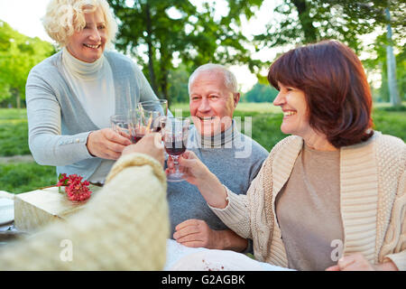 Glücklich Senioren Freunde jubeln mit Glas Rotwein auf Geburtstagsparty Stockfoto