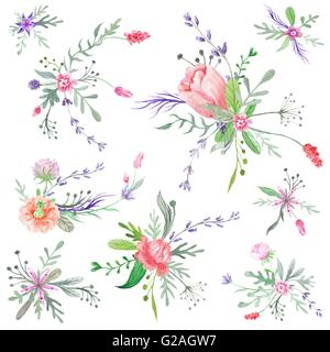 Satz von botanischen helle floristische Vignette Kompositionen isoliert auf weißem Hintergrund für Hochzeit, Event-design Stockfoto