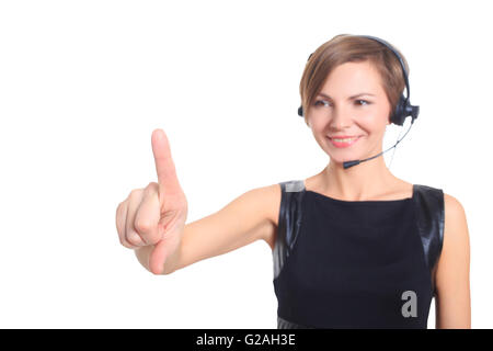 Frau, die einen virtuellen Hintergrund High-Tech Art der modernen Schaltflächen anklicken Stockfoto