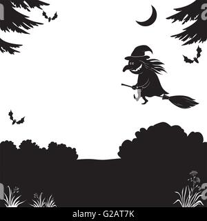 Hexe fliegen über den Wald, Silhouette Stock Vektor