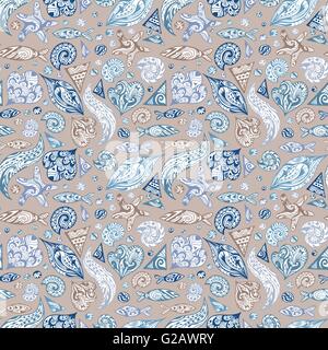 Nahtlose Skizze marine Textur in blau, lila und Beige Farben mit Meerestiere und handbemalte Umriss Illustrationen "Wellenlinien" Stock Vektor