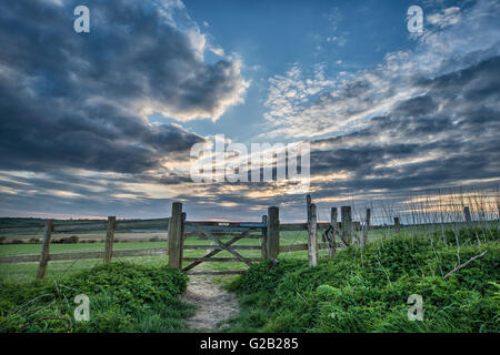 Atemberaubende englische Landschaft über Felder bei Sonnenuntergang Stockfoto