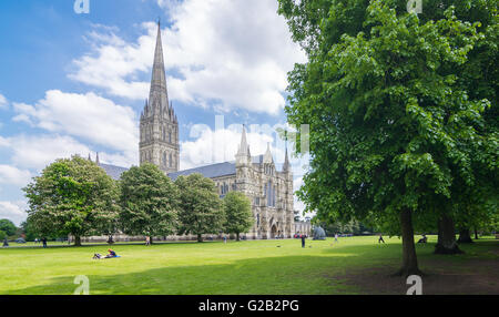 Kathedrale von Salisbury, Wiltshire, UK an einem warmen sonnigen Frühlingstag. Stockfoto