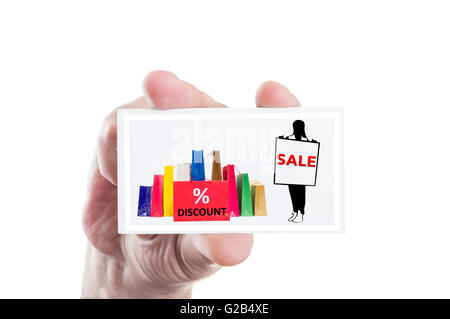 Hand mit Verkauf und Rabatt Karte Isolatd auf weißem Hintergrund Stockfoto