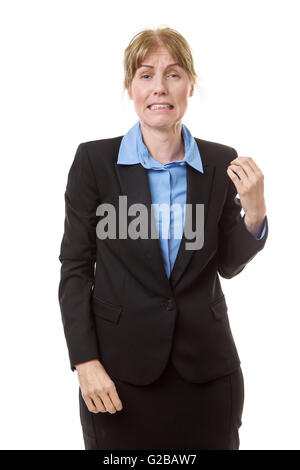 Nahaufnahme der Studioaufnahme von besorgt Geschäftsfrau vor weißem Hintergrund Stockfoto