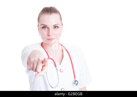 Closeup Portrait der schönen Frau Doktor zeigen bei Ihnen mit Exemplar isoliert auf weißem Hintergrund Stockfoto