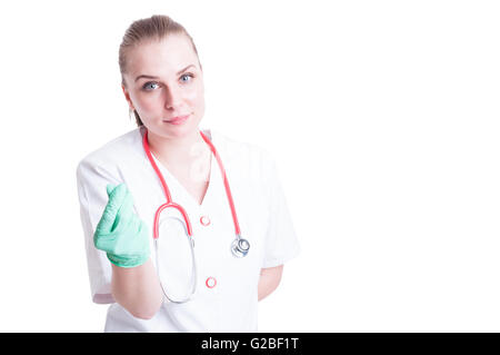 Bestechung und Korruption medizinische Konzept mit Frau Doktor oder Krankenschwester wartet auf Geld isoliert auf weiß mit textfreiraum oder Werbe Stockfoto