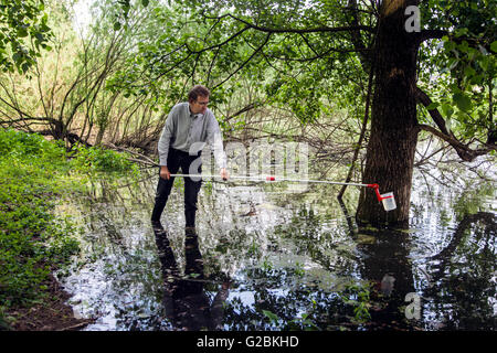 Leiter des Research Gruppe Biologen Prof. Dr. Jens Boenigk nimmt eine Wasserprobe in einem bewachsenen Teich. Stockfoto