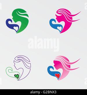 Stilisierte Zeichen Mutter umarmt Baby Logo Symbol der Mutterschaft Stock Vektor