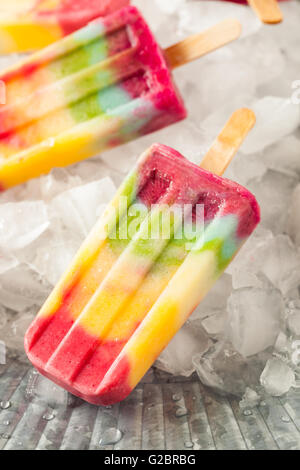 Gesunde hausgemachte Regenbogen Eis am Stiel mit verschiedenen Früchten Stockfoto