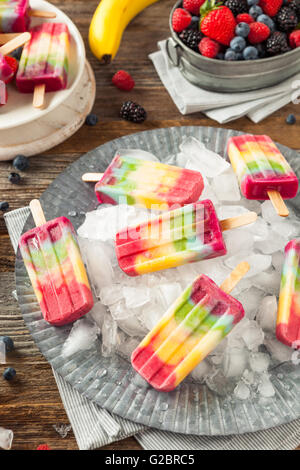 Gesunde hausgemachte Regenbogen Eis am Stiel mit verschiedenen Früchten Stockfoto