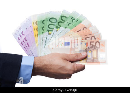 Hände des Mannes im Anzug hält Euro-Banknoten, Isolated on White Background Stockfoto