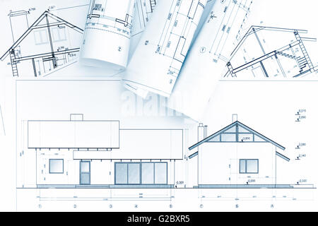 Hause Baupläne und architektonische Blaupause Brötchen Stockfoto