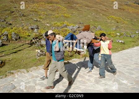 Pilger auf dem Weg zum Tempel Kedarnath, Garhwal Himalaya, Uttarakhand, Indien Stockfoto