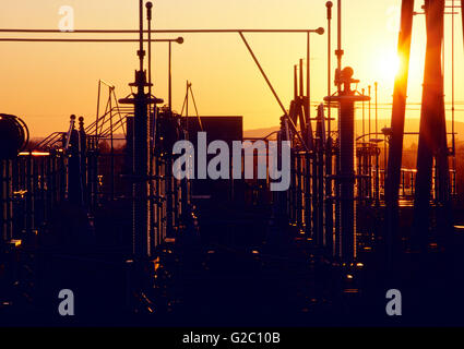 Der elektrischen Übertragung Hof bei Sonnenuntergang, Limerick Atomkraftwerk, Limerick, Pennsylvania, USA Stockfoto