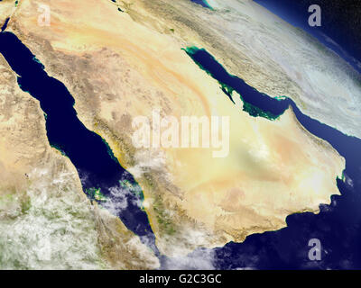 Arabische Halbinsel mit der umgebenden Region, von der Umlaufbahn der Erde im Raum gesehen. 3D Illustration mit hochdetaillierten realistische Flugzeug Stockfoto