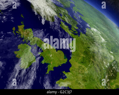 Vereinigtes Königreich mit der umgebenden Region, von der Umlaufbahn der Erde im Raum gesehen. 3D Illustration mit hochdetaillierten realistische Flugzeug Stockfoto