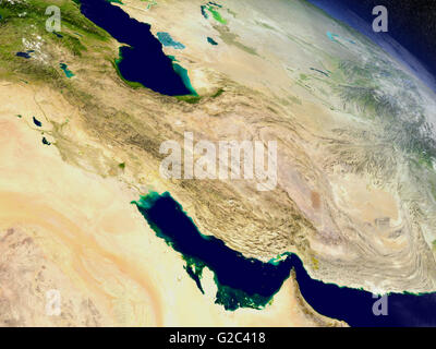 Iran mit der umgebenden Region, von der Umlaufbahn der Erde im Raum gesehen. 3D Illustration mit detailreichen, realistischen Planetenoberfläche Stockfoto