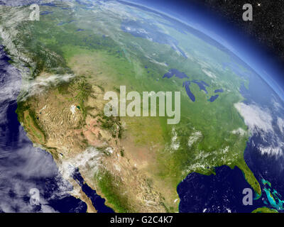 USA mit der umgebenden Region, von der Umlaufbahn der Erde im Raum gesehen. 3D Illustration mit detailreichen, realistischen Planetenoberfläche ein Stockfoto