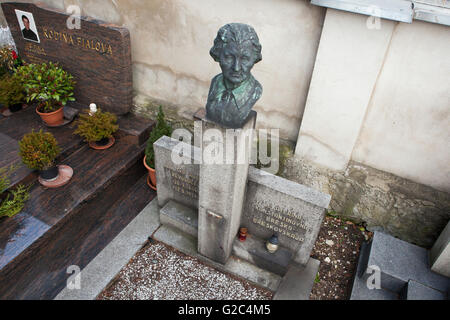 Grab der Russischen Sozialistischen revolutionären Yekaterina Breshko-Breshkovskaya (1844-1934), auch buchstabiert als Catherine Breshkovsky, besser bekannt als die Babuschka von der russischen Revolution auf dem Horni Pocernice Friedhof in Prag, Tschechien. Bronze-Büste von Catherine Breshkovsky (1936) ist ein Werk des tschechischen Bildhauers Milos Suchanek. Russische Sozialistische revolutionäre Vasily Arkhangelsky (1868-1948), Mitglied des Zentralkomitees der russischen revolutionären sozialistischen Partei, ist ebenfalls im gleichen Grab beigesetzt. Stockfoto