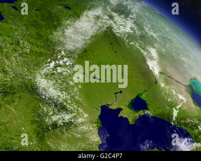 Ukraine mit der umgebenden Region, von der Umlaufbahn der Erde im Raum gesehen. 3D Illustration mit hochdetaillierten realistischer Planet Vertikalfilter Stockfoto
