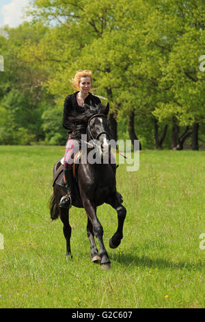 Mädchen reiten auf Rückseite des deutschen Trakehnen Pferd im Galopp auf einer Wiese Stockfoto