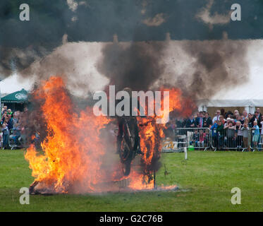 Weißen Helm Motorrad Fahrer springen durch Feuer, Hadleigh Show Stockfoto