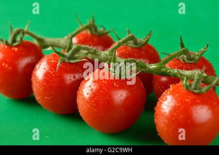 Tomaten an den Rebstöcken gezeigt auf einer grünen Schneidebrett, die richtige Farbe für Lebensmittelhygiene Stockfoto