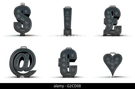 Verstärker-Alphabet / 3D Render des Alphabets Zeichen in Form von Musik-Verstärker Stockfoto