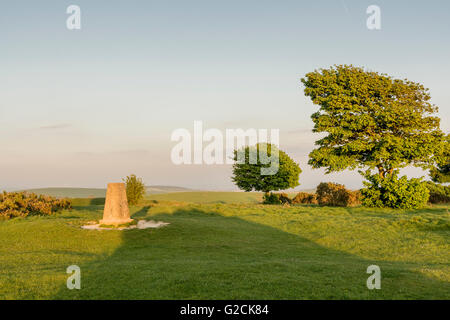 Triglyzerid Punkt (Triangulation Säule) auf dem alten Eisenzeit Hill Fort von Cissbury Ring, West Sussex. Stockfoto