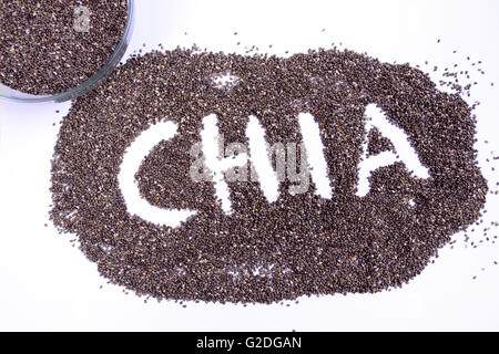 Chia-Samen. Chia-Wort, das von Chia-Samen Stockfoto