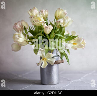 Stillleben mit Strauß Tulpen in alte Milch kann Stockfoto