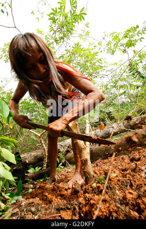 Matses Frau Bodenbearbeitung En reservieren Matses. Amazonas, Peru Stockfoto