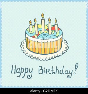 Geburtstagskarte mit Kuchen auf strukturiertem Hintergrund. Stock Vektor