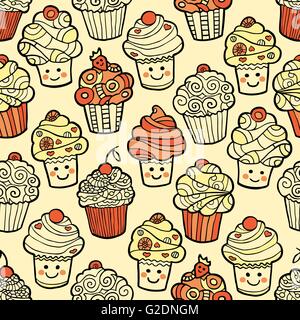 Nahtlose Muster mit niedlichen lächelnde Cupcakes auf warmen Hintergrund. Stock Vektor