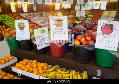 Frisches Obst zum Verkauf in einem Bauernladen in Bilpin, New South Wales, Australien, umfasst Bananen, königliche Gala-Äpfel, Satsumas und grüne Äpfel Stockfoto
