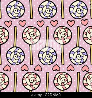 Nahtlose Muster mit Lutscher und Herzen auf gepunktete violettem Hintergrund. Stock Vektor