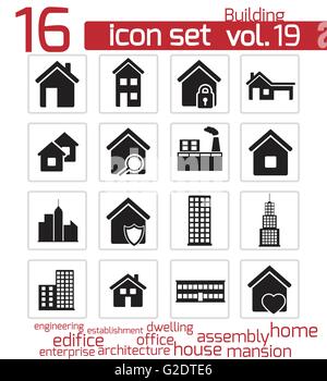 Vektor schwarzen Gebäude Iconset auf weißem Hintergrund Stock Vektor