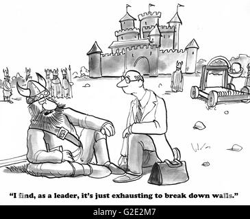 Geschäftliche Karikatur über einen Führer, der ständig zu müde Wände brechen ist. Stockfoto