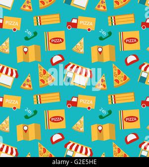 Nahtlose Muster mit Scheiben von Pizza und bunte Icons Service der Lieferung von Pizza Stock Vektor