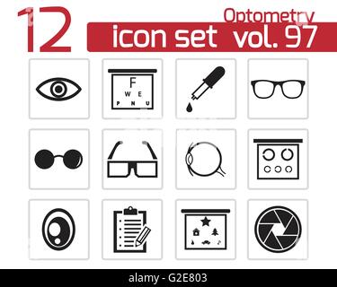 Vektor-schwarze Optometrie-Icons set auf weißem Hintergrund Stock Vektor